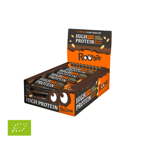 Ekoloģisks ar šokolādi pārklāts proteīna batoniņš ar zemesriekstiem