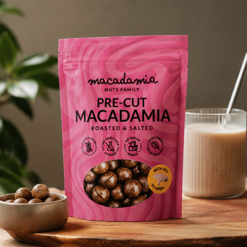 Iegriezti grauzdēti sālīti makadāmijas rieksti