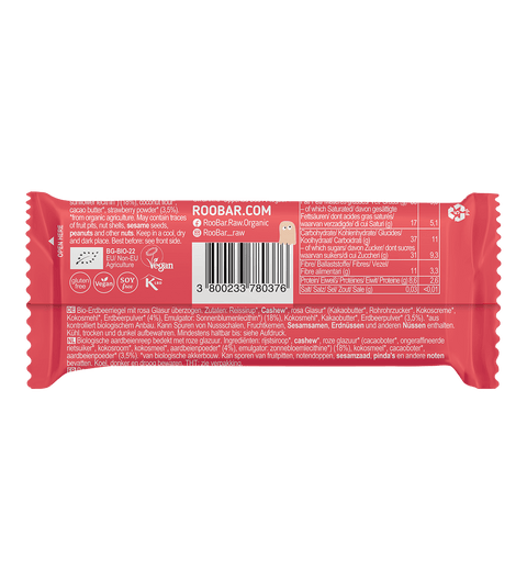 Ekoloģisks rozā šokolādē glazēts zemeņu batoniņš