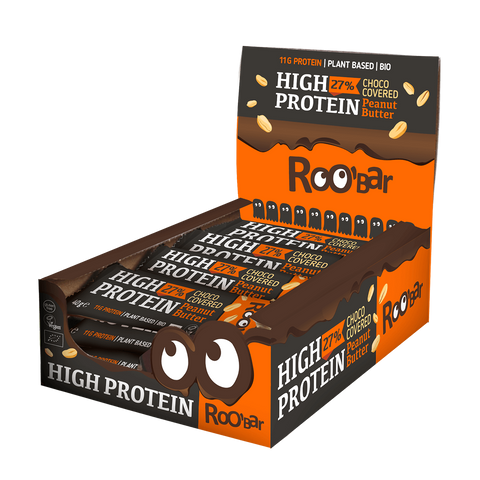 Ekoloģisks ar šokolādi pārklāts proteīna batoniņš ar zemesriekstiem