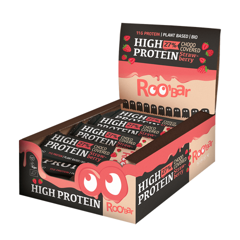 Ekoloģisks proteīna batoniņš rozā šokolādi un zemenēm