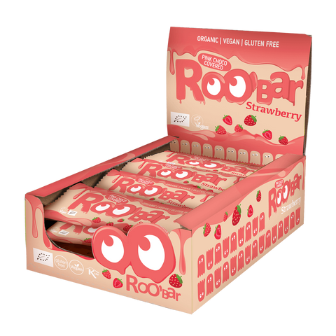 Ekoloģisks rozā šokolādē glazēts zemeņu batoniņš